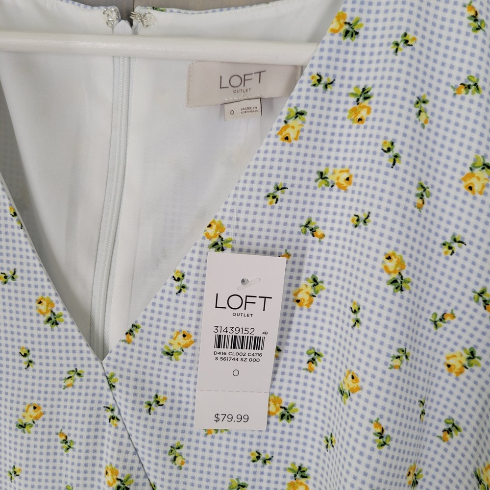 LOFT Wrap Dress Womens 0 Blue Gingham Yellow Floral Flutter Sleeve Ruffle NEW - Picture 6 of 10
